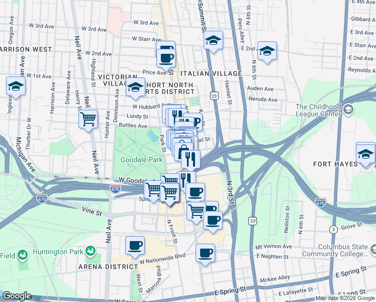 map of restaurants, bars, coffee shops, grocery stores, and more near 612 North High Street in Columbus