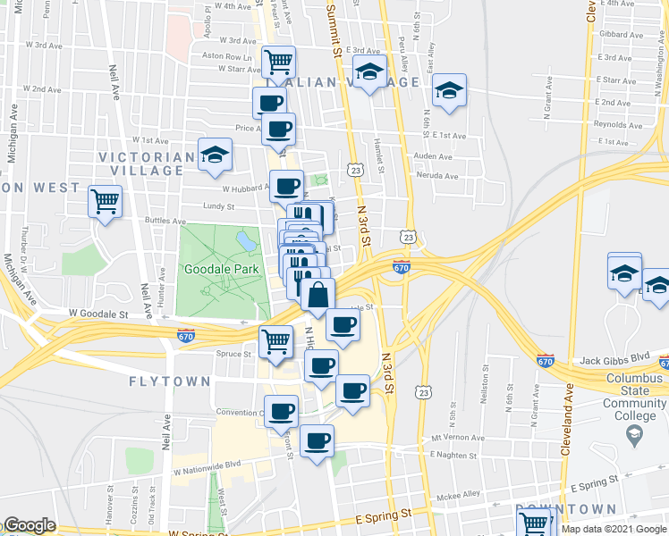 map of restaurants, bars, coffee shops, grocery stores, and more near 59 East Russell Street in Columbus