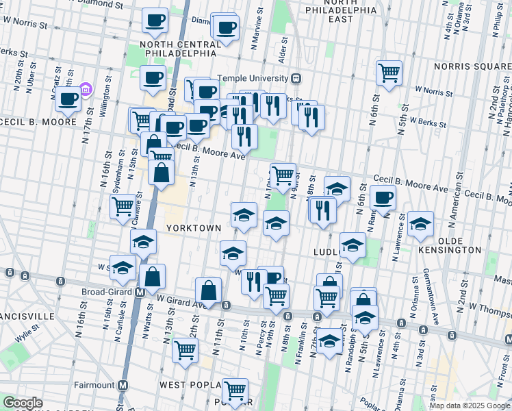 map of restaurants, bars, coffee shops, grocery stores, and more near 1531 North Jefferson Lane in Philadelphia