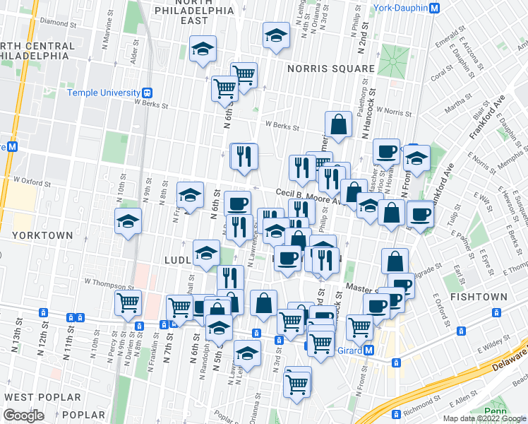 map of restaurants, bars, coffee shops, grocery stores, and more near 1618 Germantown Avenue in Philadelphia