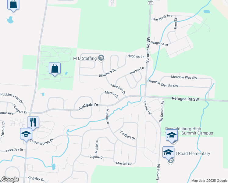 map of restaurants, bars, coffee shops, grocery stores, and more near 712 Moreno Drive in Reynoldsburg