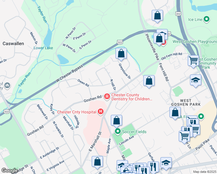 map of restaurants, bars, coffee shops, grocery stores, and more near 704 Owen Road in West Chester