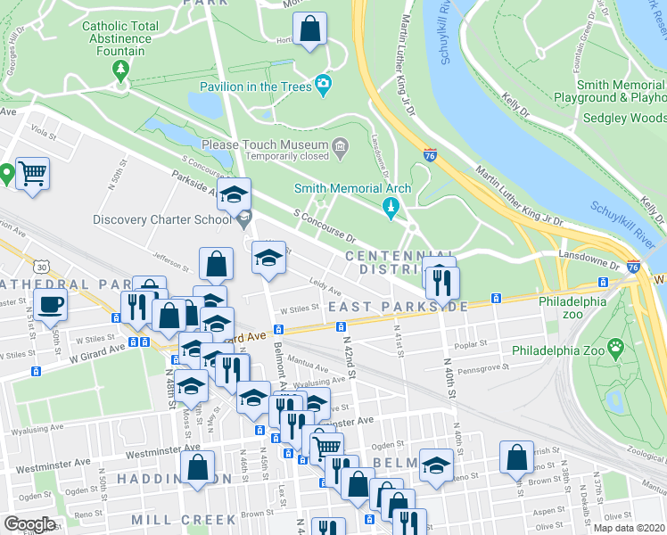 map of restaurants, bars, coffee shops, grocery stores, and more near 1725 North 42nd Street in Philadelphia