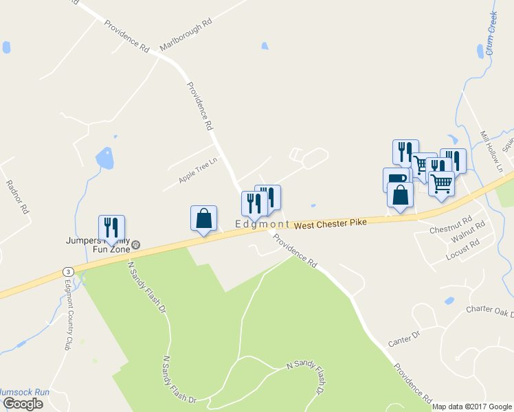 map of restaurants, bars, coffee shops, grocery stores, and more near 5 Columbus Avenue in Newtown Square