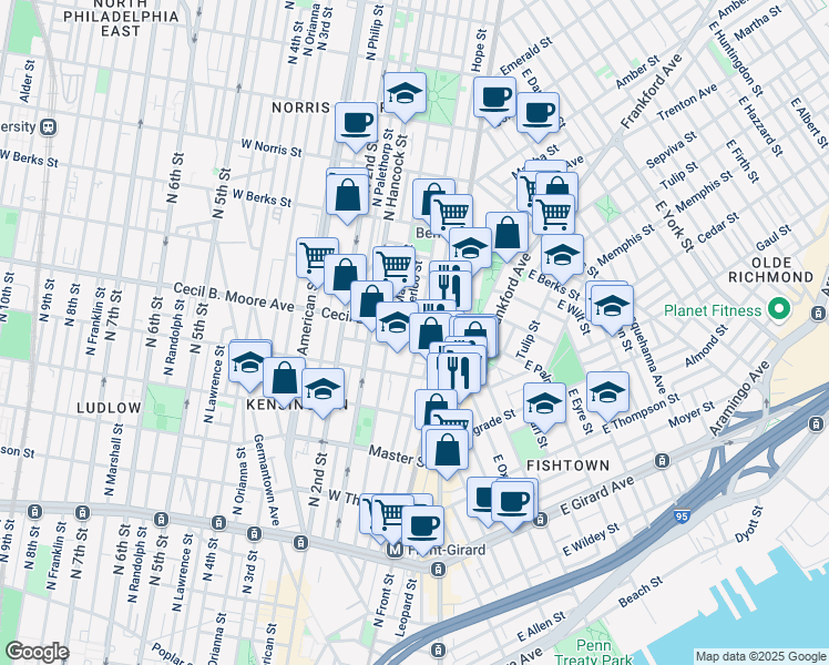 map of restaurants, bars, coffee shops, grocery stores, and more near 102 Turner Street in Philadelphia
