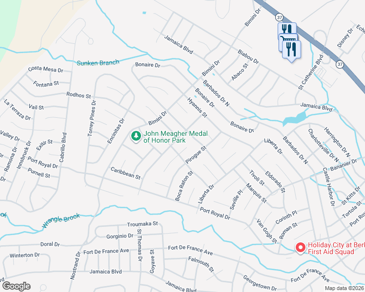 map of restaurants, bars, coffee shops, grocery stores, and more near 42 Pirogue Street in Toms River