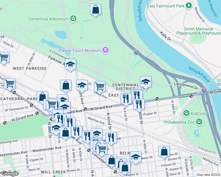 map of restaurants, bars, coffee shops, grocery stores, and more near 4130 Parkside Avenue in Philadelphia