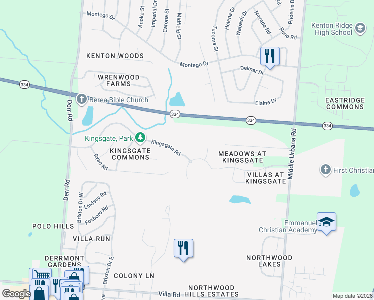 map of restaurants, bars, coffee shops, grocery stores, and more near 1486 Kingsgate Road in Springfield