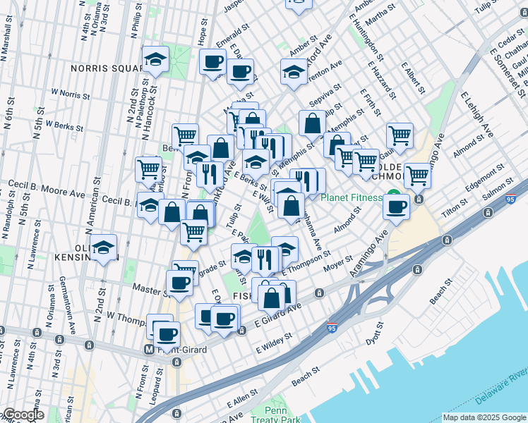 map of restaurants, bars, coffee shops, grocery stores, and more near 1457 East Montgomery Avenue in Philadelphia