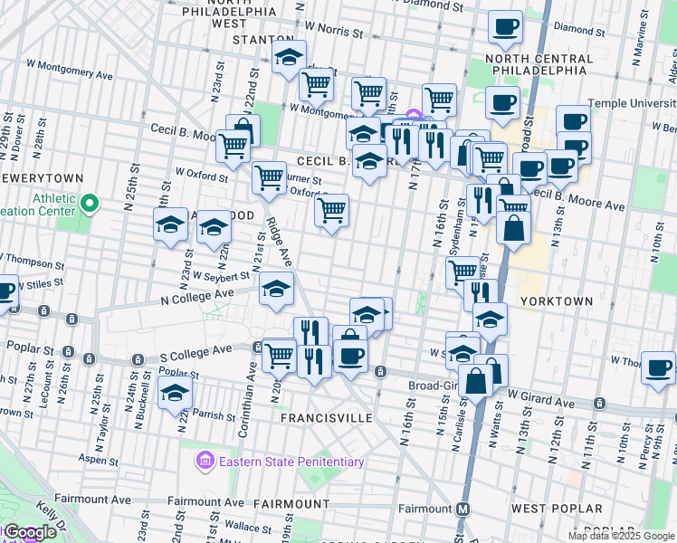 map of restaurants, bars, coffee shops, grocery stores, and more near 1837 Master Street in Philadelphia