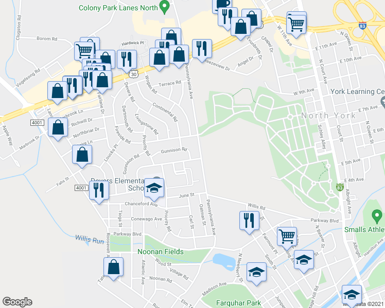 map of restaurants, bars, coffee shops, grocery stores, and more near 1105 Gunnison Road in York