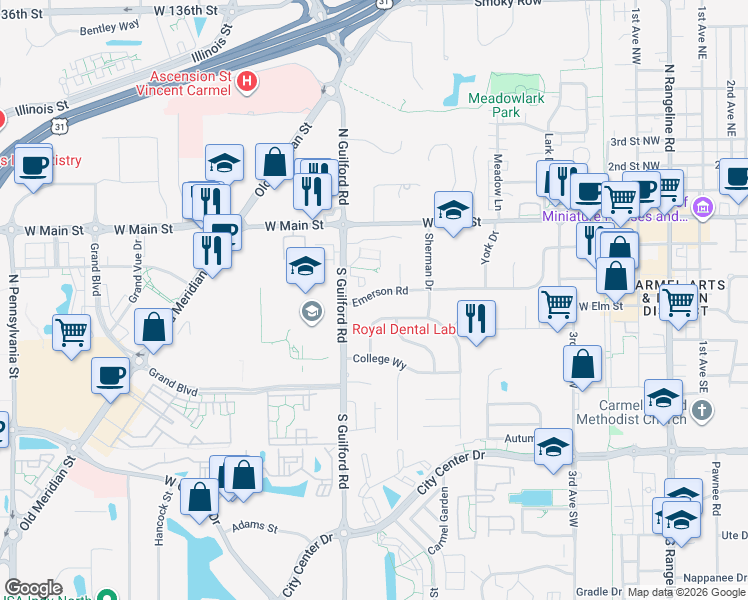 map of restaurants, bars, coffee shops, grocery stores, and more near 307 South Guilford Road in Carmel