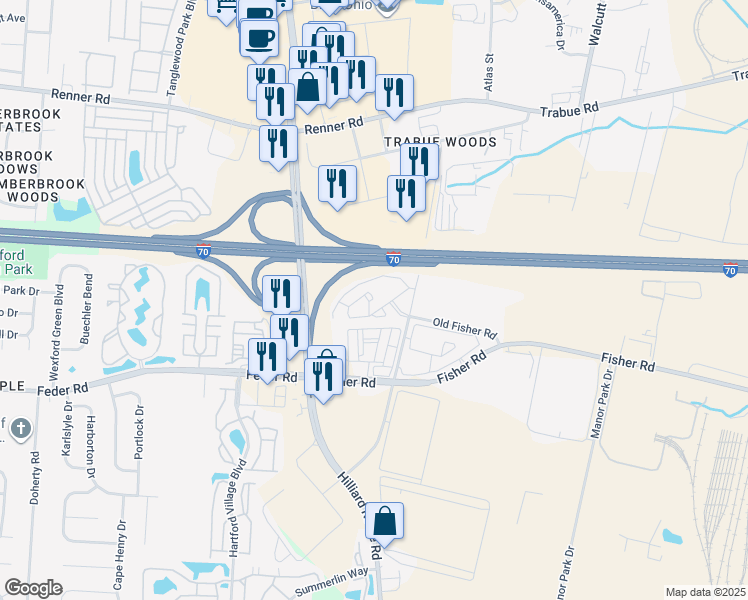map of restaurants, bars, coffee shops, grocery stores, and more near 1189 Hilliard Rome Road East in Columbus