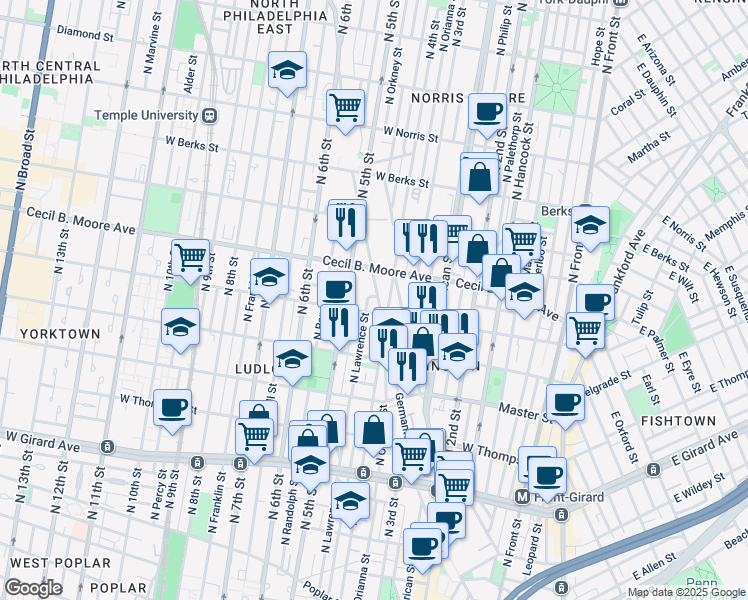 map of restaurants, bars, coffee shops, grocery stores, and more near 1618 Germantown Avenue in Philadelphia