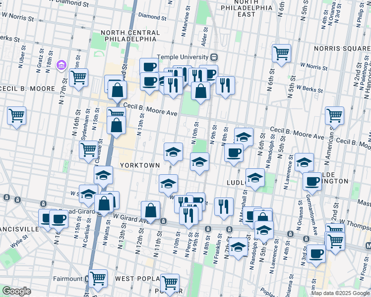 map of restaurants, bars, coffee shops, grocery stores, and more near 1531 North Jefferson Lane in Philadelphia