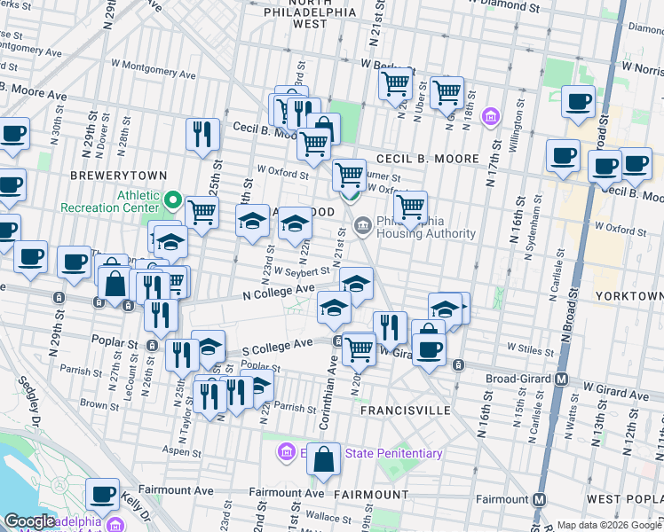 map of restaurants, bars, coffee shops, grocery stores, and more near 1340 North 21st Street in Philadelphia