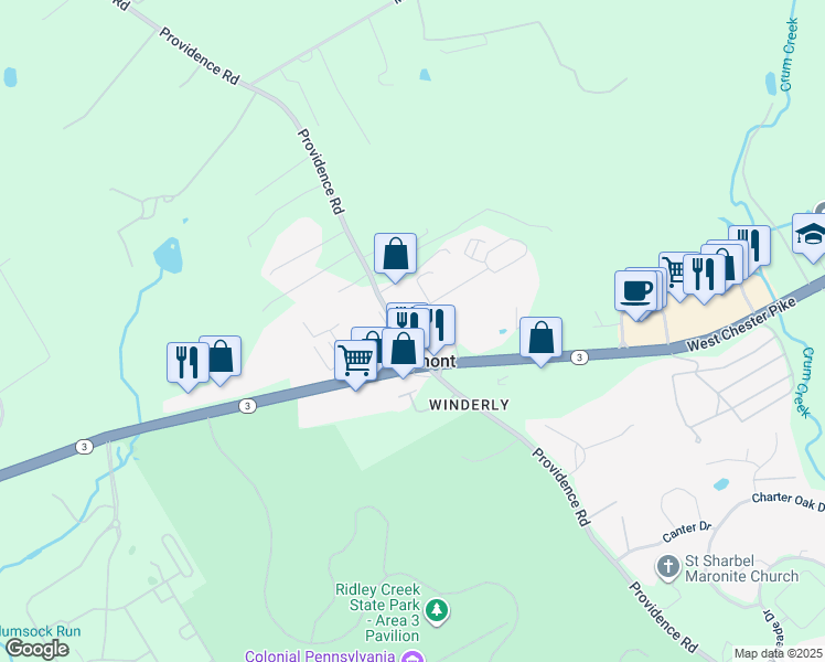 map of restaurants, bars, coffee shops, grocery stores, and more near 5 Columbus Avenue in Newtown Square