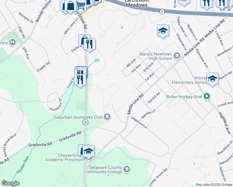 map of restaurants, bars, coffee shops, grocery stores, and more near 537 Dogwood Place in Newtown Square