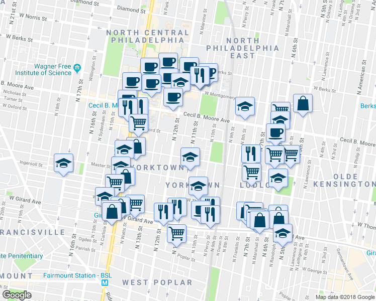 map of restaurants, bars, coffee shops, grocery stores, and more near 1517 Guilford Place in Philadelphia