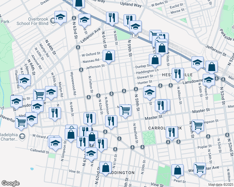 map of restaurants, bars, coffee shops, grocery stores, and more near 6020 Lansdowne Avenue in Philadelphia