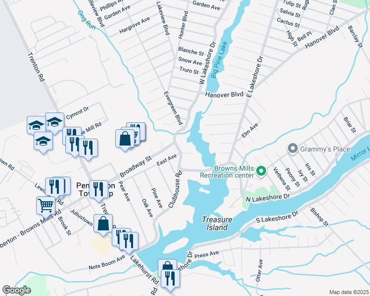 map of restaurants, bars, coffee shops, grocery stores, and more near 1 Pecan Lane in Pemberton Township