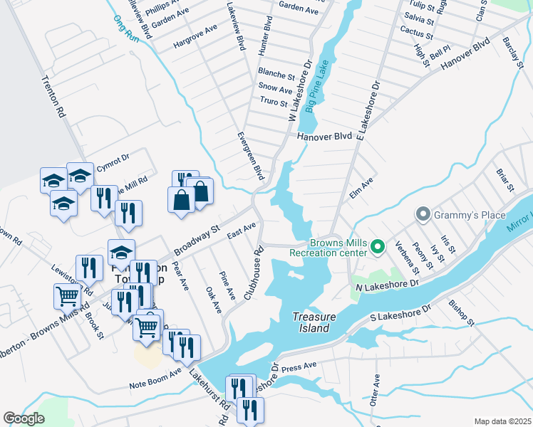 map of restaurants, bars, coffee shops, grocery stores, and more near 1 Pecan Lane in Pemberton Township