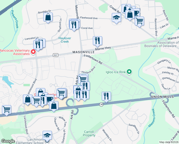 map of restaurants, bars, coffee shops, grocery stores, and more near 121 Ark Rd in Mt Laurel
