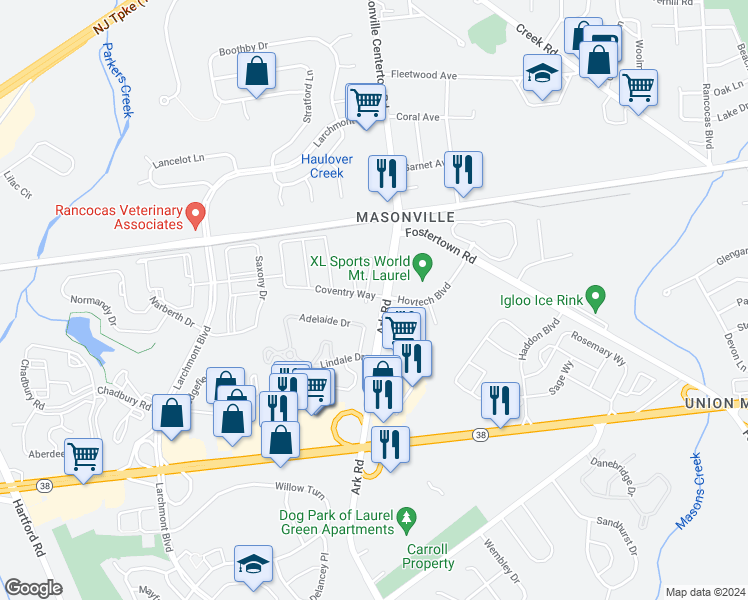 map of restaurants, bars, coffee shops, grocery stores, and more near 101 Coventry Way in Mount Laurel