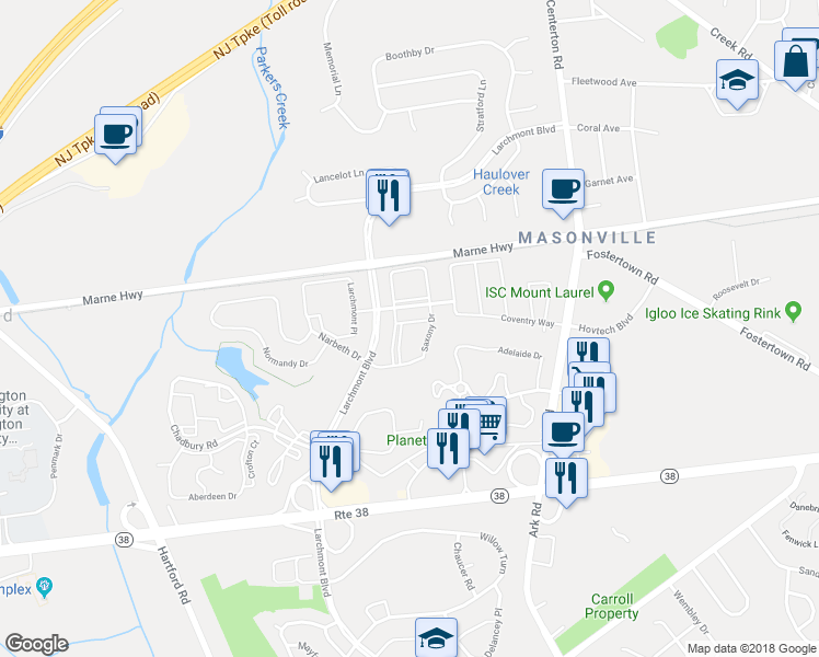 map of restaurants, bars, coffee shops, grocery stores, and more near 906B Saxony Drive in Mount Laurel Township