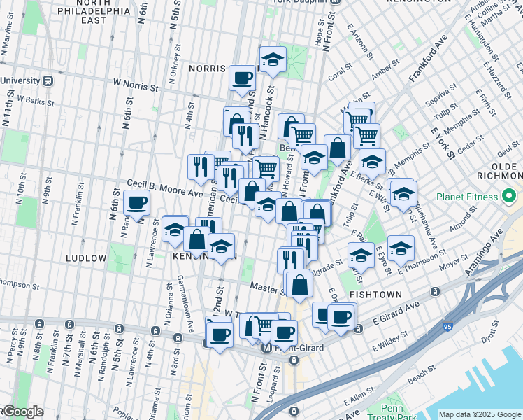 map of restaurants, bars, coffee shops, grocery stores, and more near 1615 North Hancock Street in Philadelphia