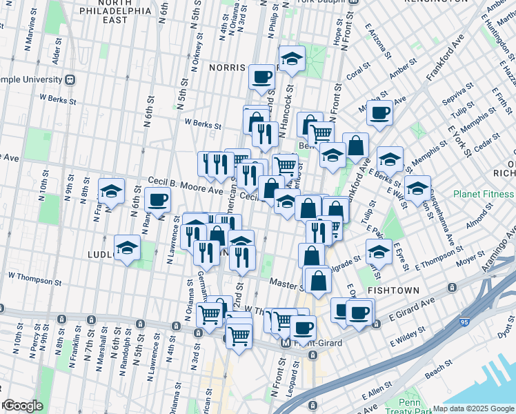 map of restaurants, bars, coffee shops, grocery stores, and more near 1617 North 2nd Street in Philadelphia