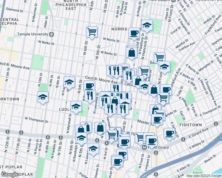 map of restaurants, bars, coffee shops, grocery stores, and more near 266 West Oxford Street in Philadelphia