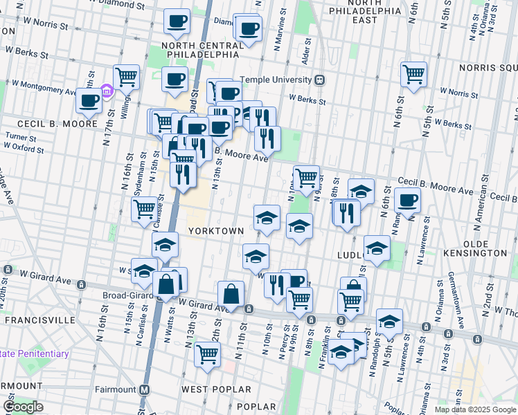 map of restaurants, bars, coffee shops, grocery stores, and more near 1517 Guilford Place in Philadelphia
