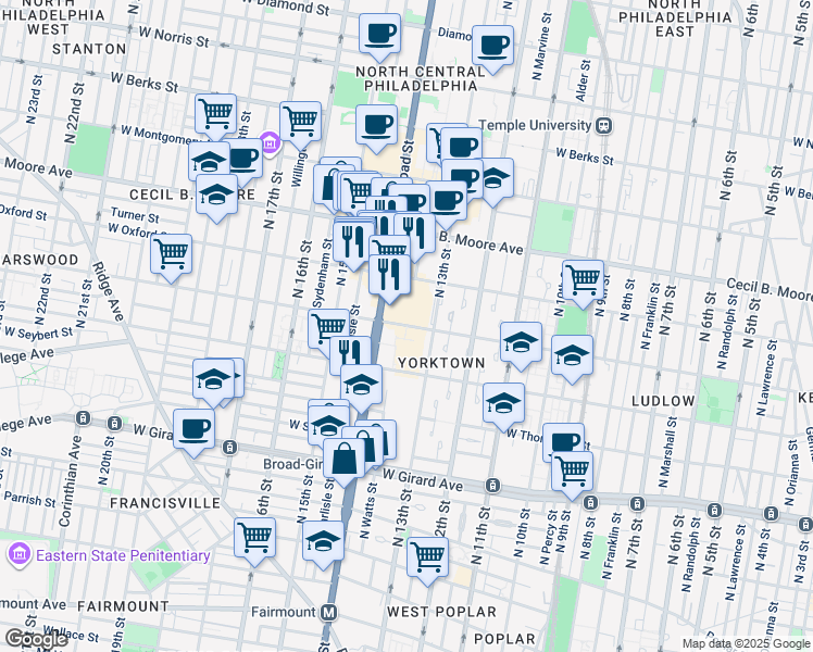 map of restaurants, bars, coffee shops, grocery stores, and more near 1415 North Broad Street in Philadelphia