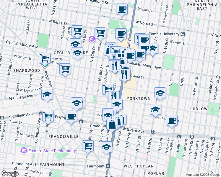 map of restaurants, bars, coffee shops, grocery stores, and more near in Philadelphia