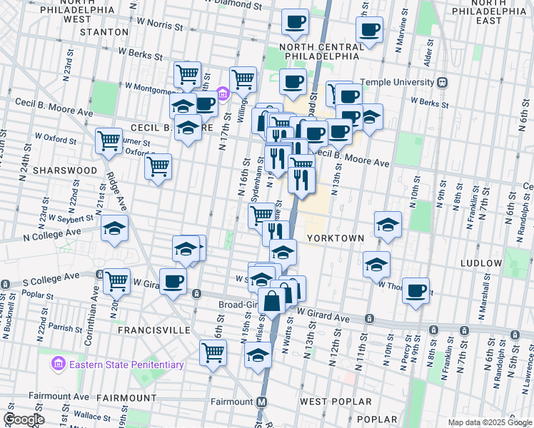 map of restaurants, bars, coffee shops, grocery stores, and more near 1429 North 15th Street in Philadelphia