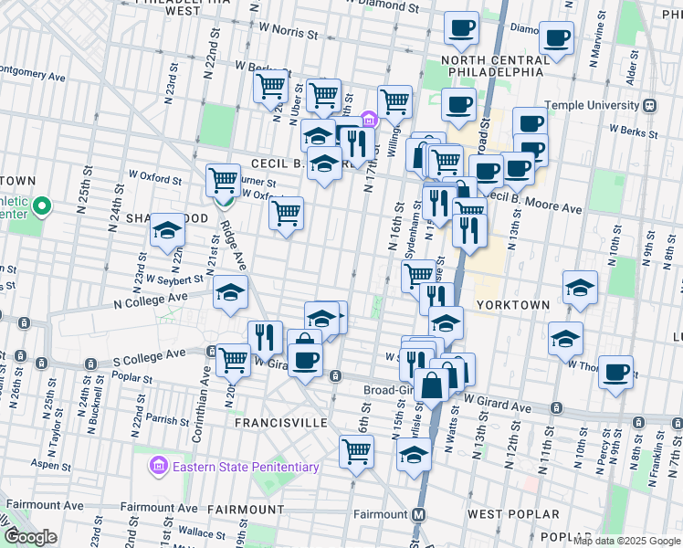 map of restaurants, bars, coffee shops, grocery stores, and more near 1654 Master Street in Philadelphia
