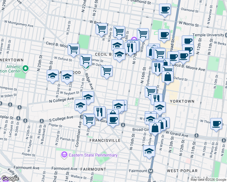 map of restaurants, bars, coffee shops, grocery stores, and more near 1730 Master Street in Philadelphia