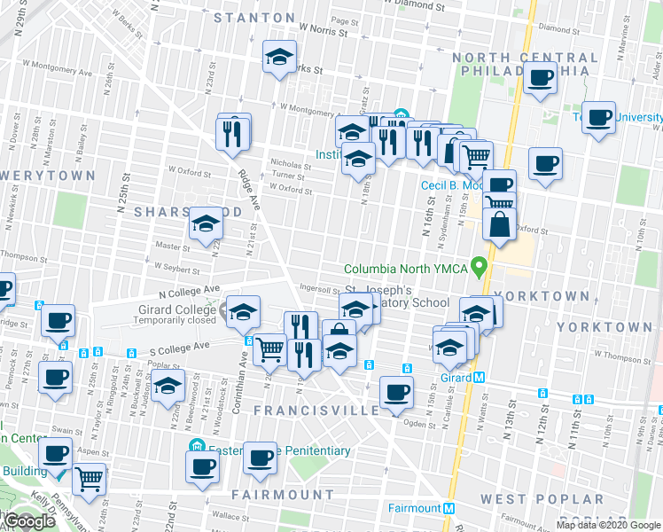 map of restaurants, bars, coffee shops, grocery stores, and more near in Philadelphia