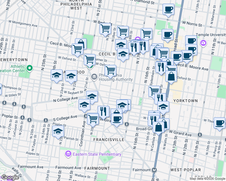 map of restaurants, bars, coffee shops, grocery stores, and more near in Philadelphia