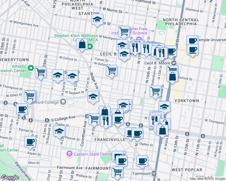 map of restaurants, bars, coffee shops, grocery stores, and more near in Philadelphia