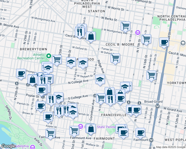 map of restaurants, bars, coffee shops, grocery stores, and more near 2101 North College Avenue in Philadelphia