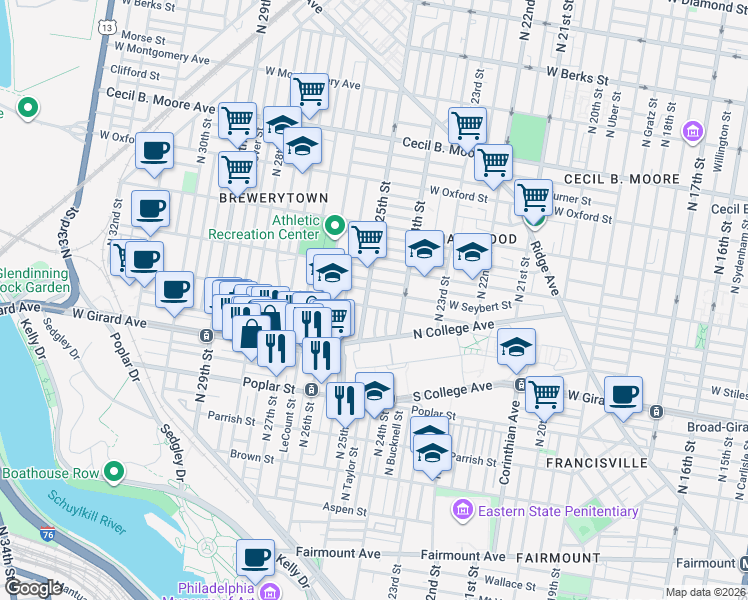 map of restaurants, bars, coffee shops, grocery stores, and more near 1217 North 25th Street in Philadelphia