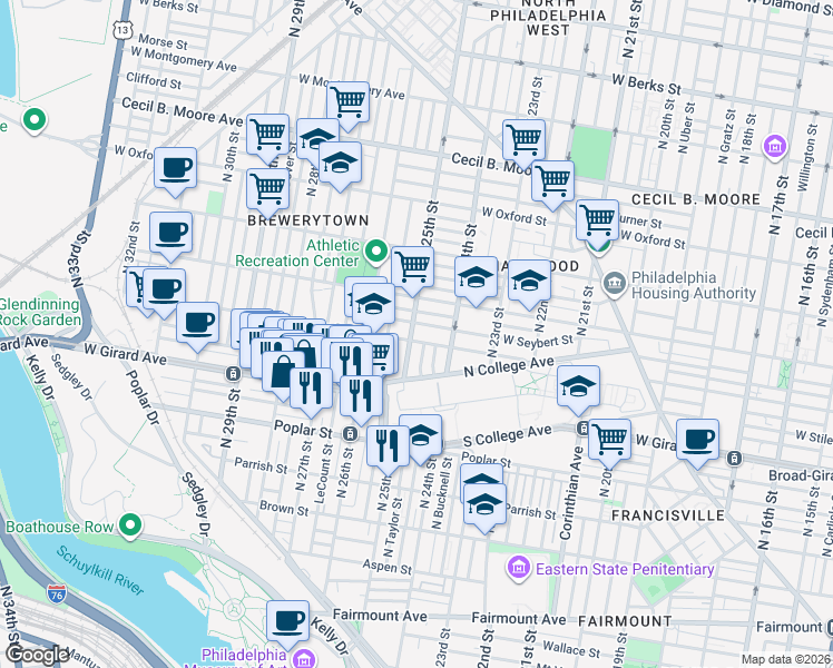 map of restaurants, bars, coffee shops, grocery stores, and more near 1217 North 25th Street in Philadelphia