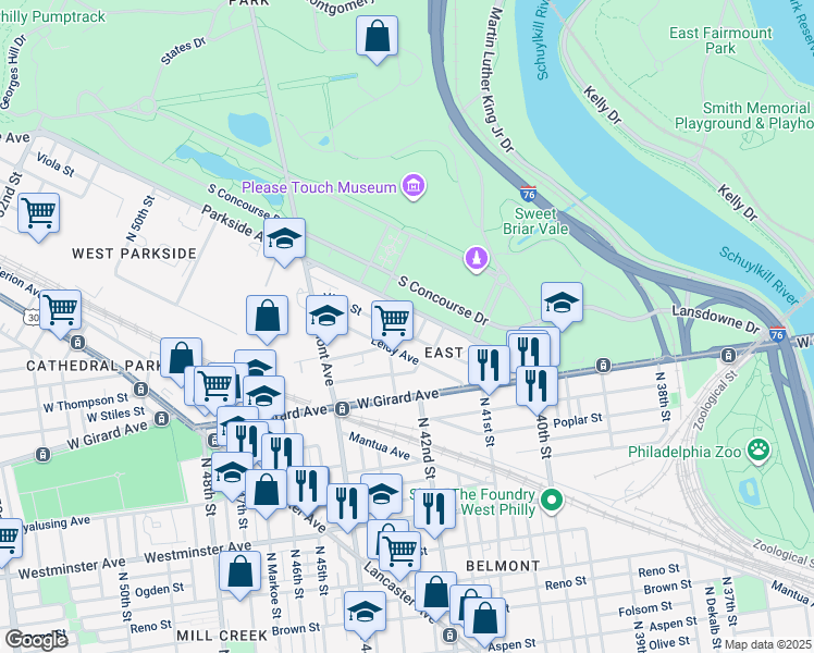 map of restaurants, bars, coffee shops, grocery stores, and more near 4178 Leidy Avenue in Philadelphia