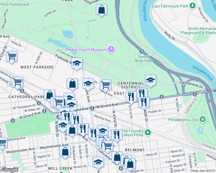 map of restaurants, bars, coffee shops, grocery stores, and more near 4178 Leidy Avenue in Philadelphia