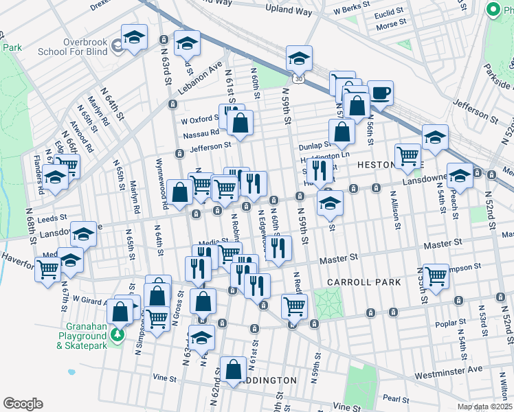 map of restaurants, bars, coffee shops, grocery stores, and more near 1535 North 61st Street in Philadelphia