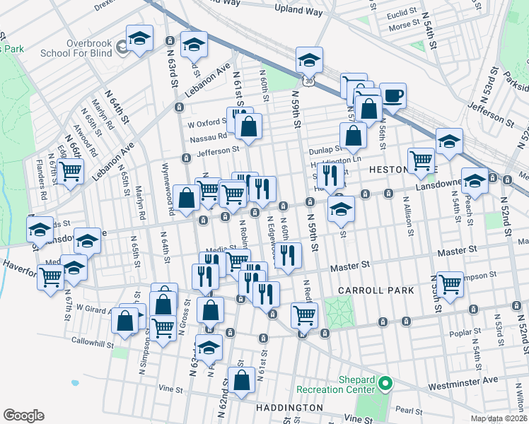 map of restaurants, bars, coffee shops, grocery stores, and more near in Philadelphia