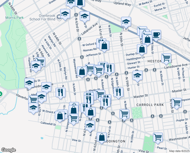 map of restaurants, bars, coffee shops, grocery stores, and more near 1552 North Felton Street in Philadelphia