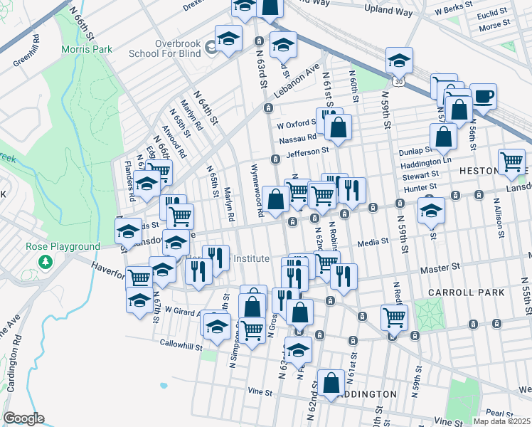 map of restaurants, bars, coffee shops, grocery stores, and more near 742 North 63rd Street in Philadelphia